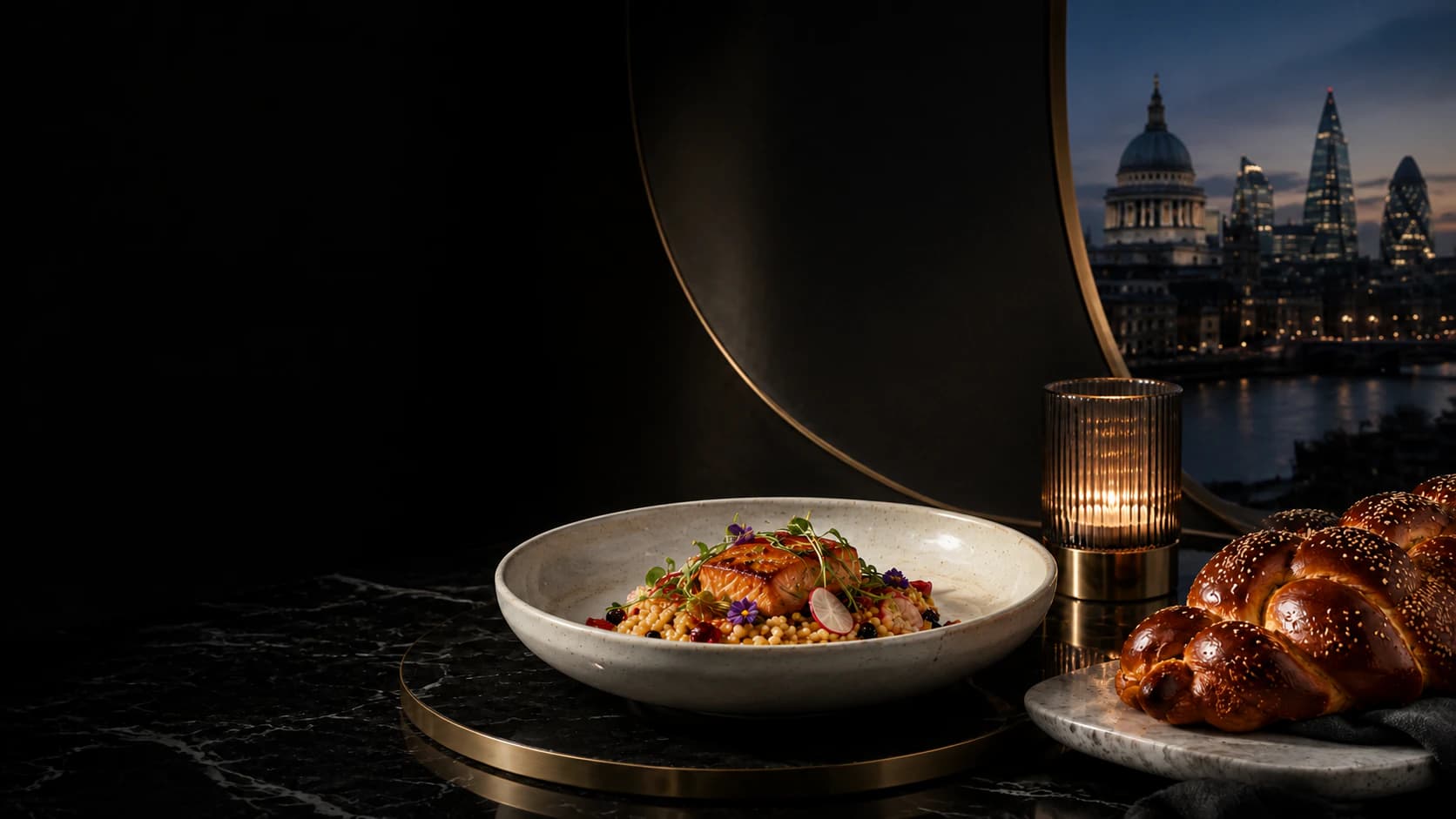 An elevated kosher meal and challah overlooking the London skyline